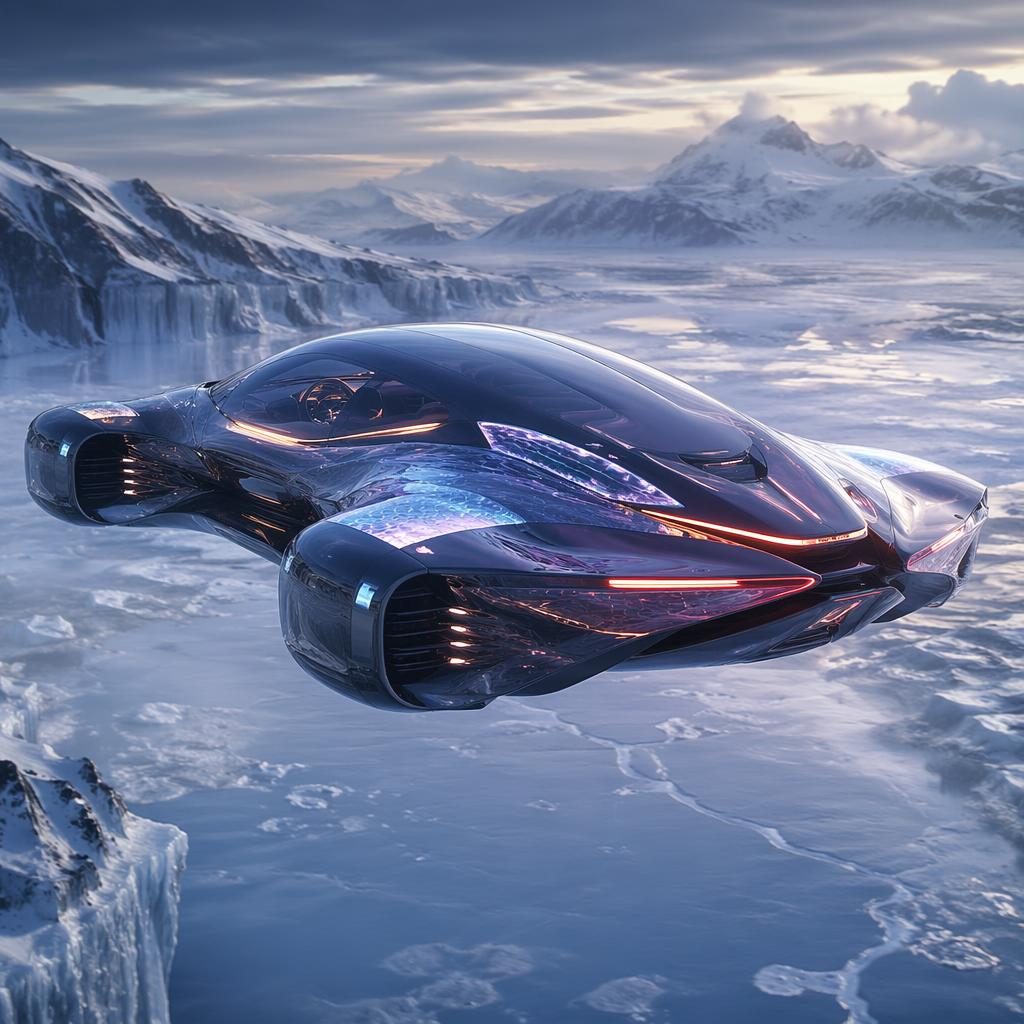 Futuristické antigravitační SUV s holografickou karoserií letí nad zmrzlou tundrou, pohled zezadu ze tří čtvrtin.