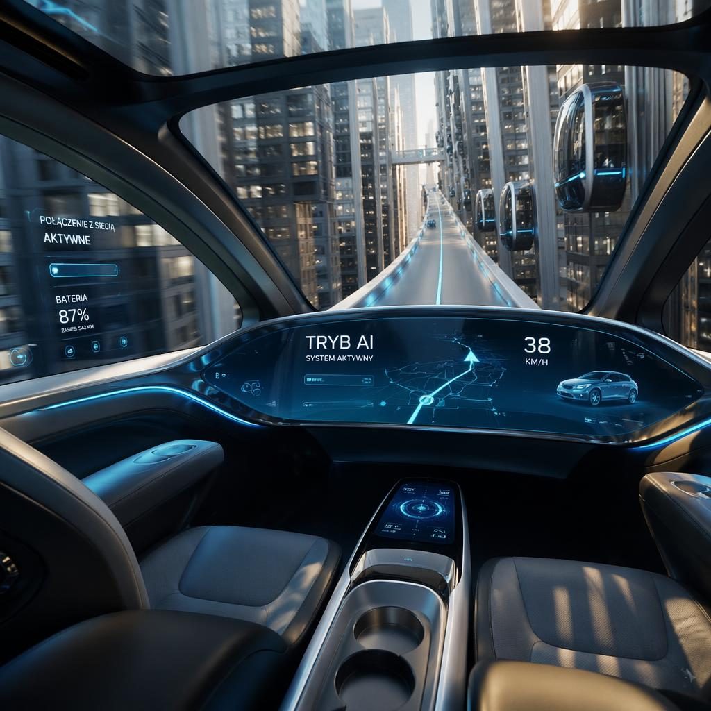 Wnętrze futurystycznego autonomicznego pojazdu 2050 w tryb ai, z ekranami, niebieskimi akcentami i widokiem na skywalk