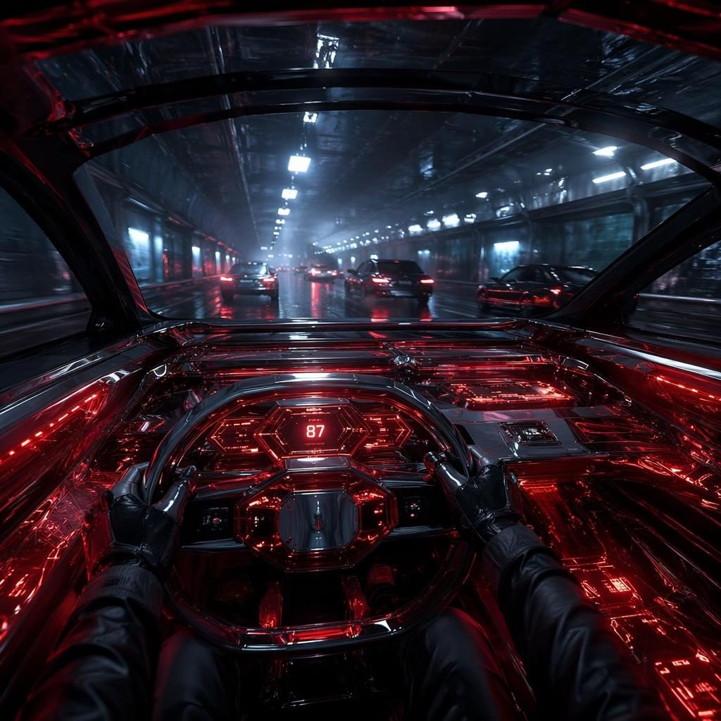 Pohled z interiéru na futuristický obrněný sedan 2100 s průsvitným designem, tmavě červenou karoserií v tunelu