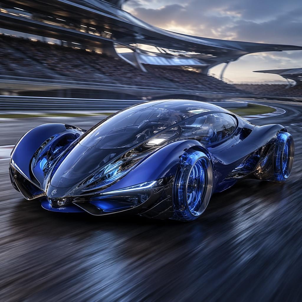 Berline futuriste électrique bleue vue de trois quarts avant sur circuit, avec panneaux transparents et design biomimétique.