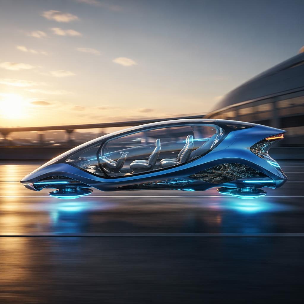 Seitenansicht eines futuristischen Hoverfahrzeugs 2035 in Electric Blue auf Rennstrecke mit transparenten Panels