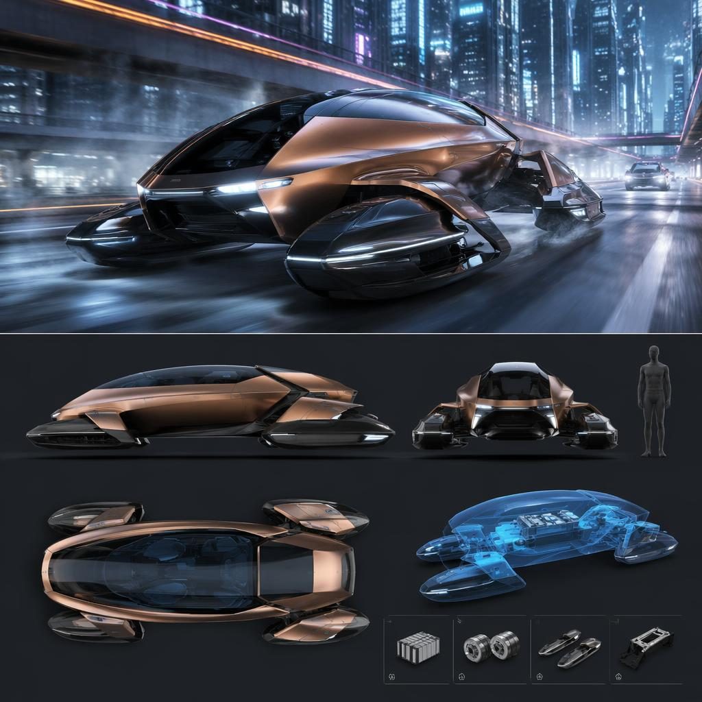 Kupferfarbener futuristischer Schwebe-Snow-Rover 2050 auf Neon-Highway in Megacity, Frontansicht, ohne Logos