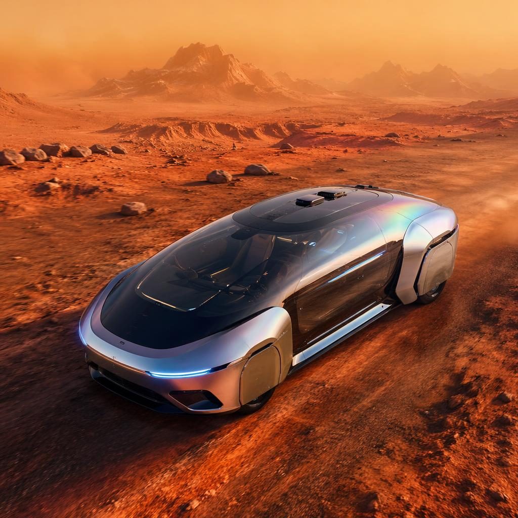 Vue aérienne d’un pod taxi sportif 2080 argent iridescent sur paysage aride martien, rendu cinématographique