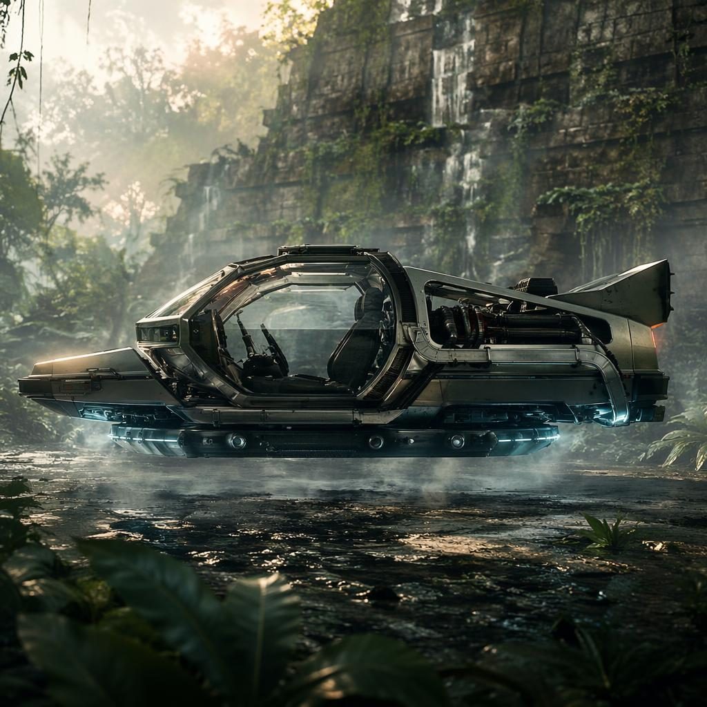 Render lateral de vehículo flotante futurista 2035 con cabina giratoria, carrocería translúcida y fondo de jungla