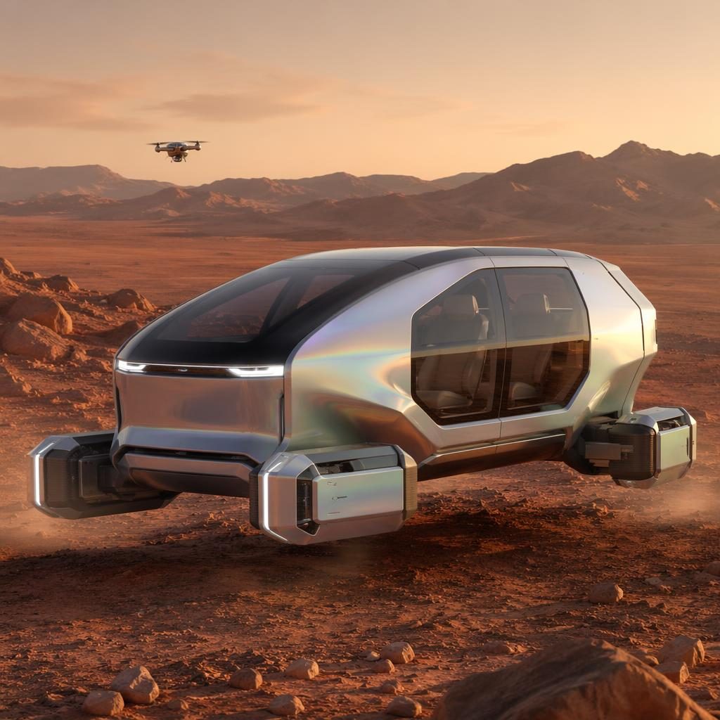 Render aéreo de coche cúbico modular 2080, plateado iridiscente, sobre paisaje árido tipo Marte con luz cinematográfica.