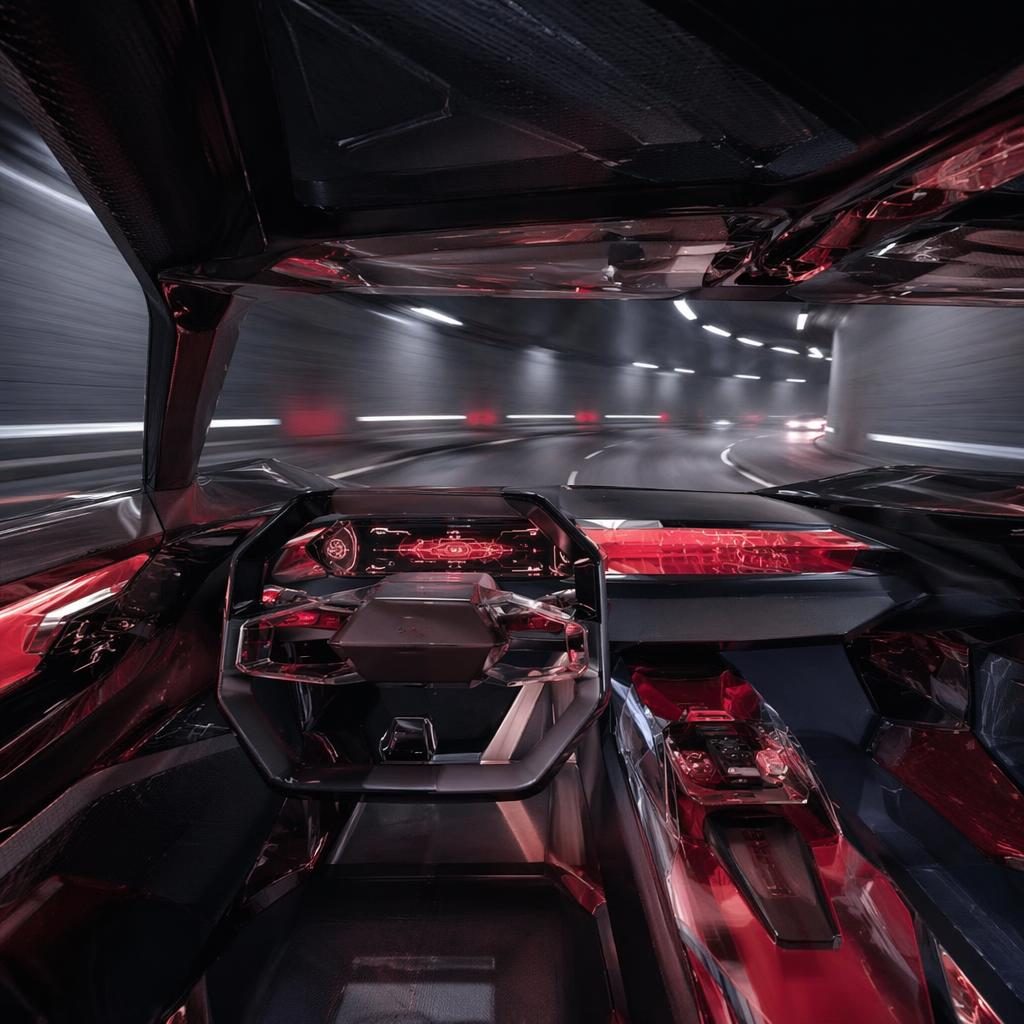 Innenraum-Perspektive eines futuristischen roten SUV-Konzepts mit transparentem Design in einem unterirdischen Tunnel