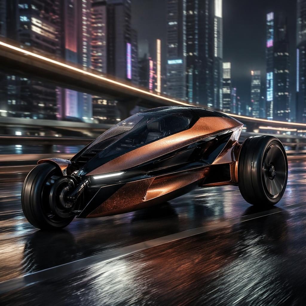 Copper pearl 2050 electric reverse trike concept car on a neon megacity highway, low front view, cinematic lighting
