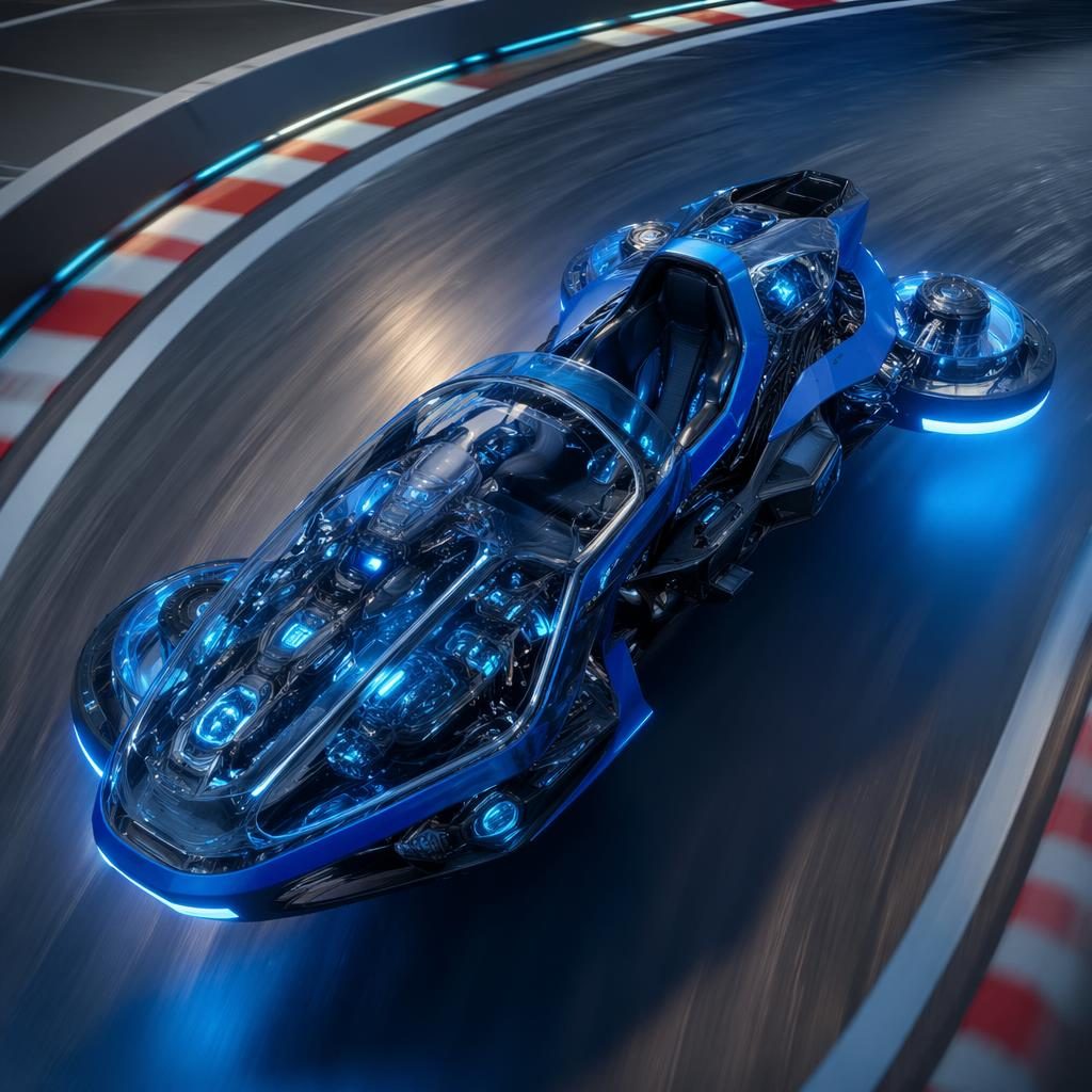 Aerial view of a futuristic hover bike reverse trike with electric blue bodywork and transparent panels on a race track