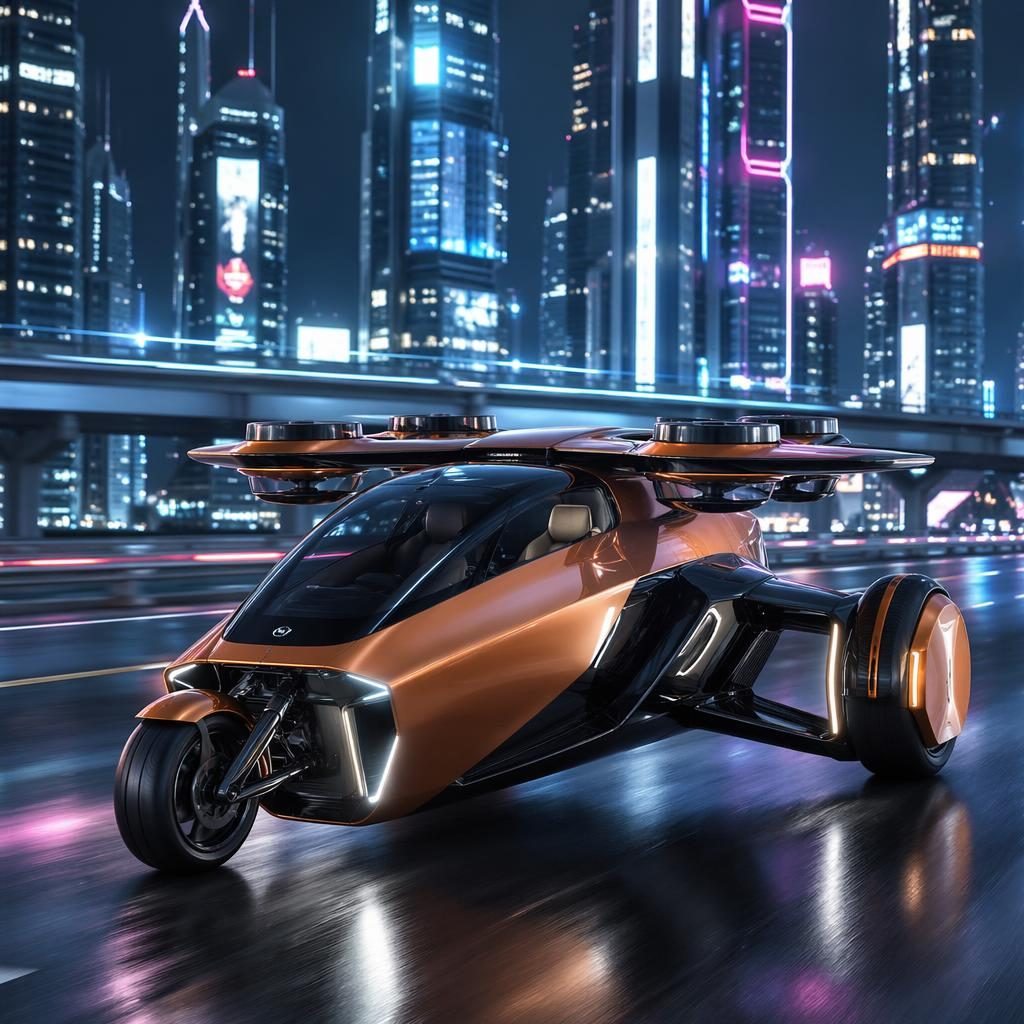 2050 electric flying reverse trike concept car in copper pearl on a neon megacity highway, low front view, cinematic lighting