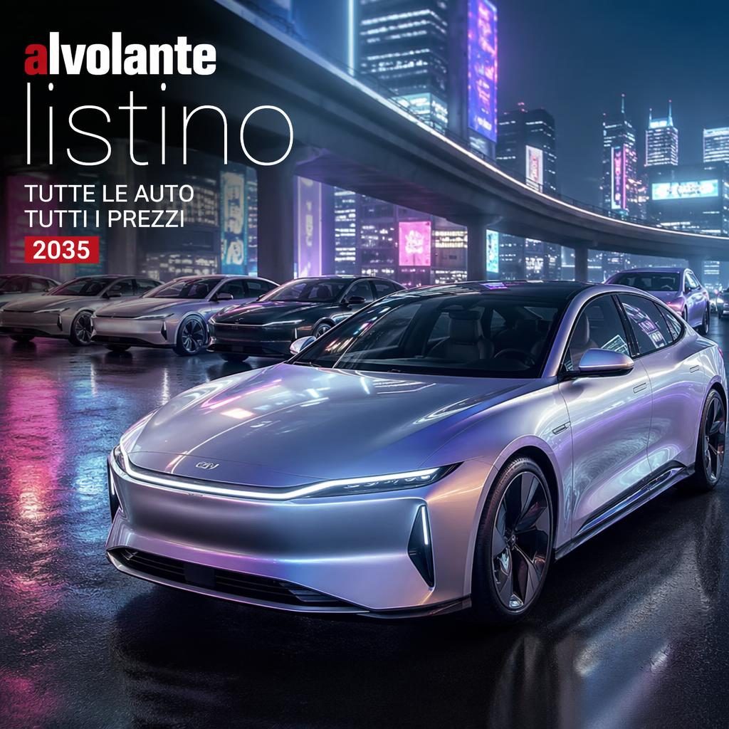 Berlina elettrica 2035 argento iridescente vista 3/4 frontale su autostrada neon, con varianti sullo sfondo