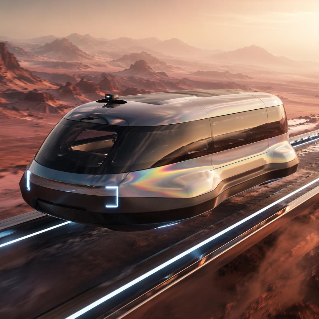 Rendu aérien d’un pod autonome maglev argent irisé sur paysage aride martien, au design aérodynamique agressif.
