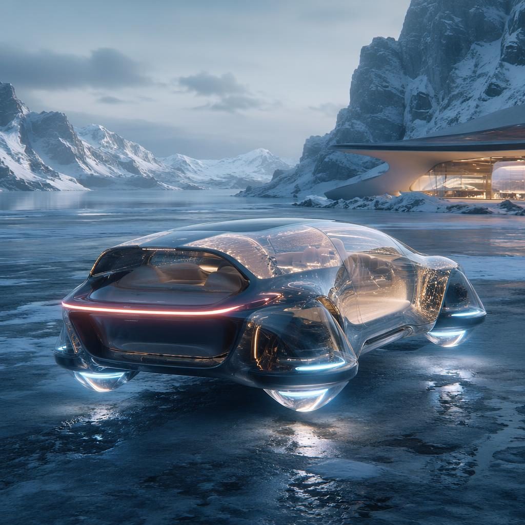 Three-quarter rear render of a transparent OLED anti-gravity SUV concept on a frozen tundra with holographic bodywork.