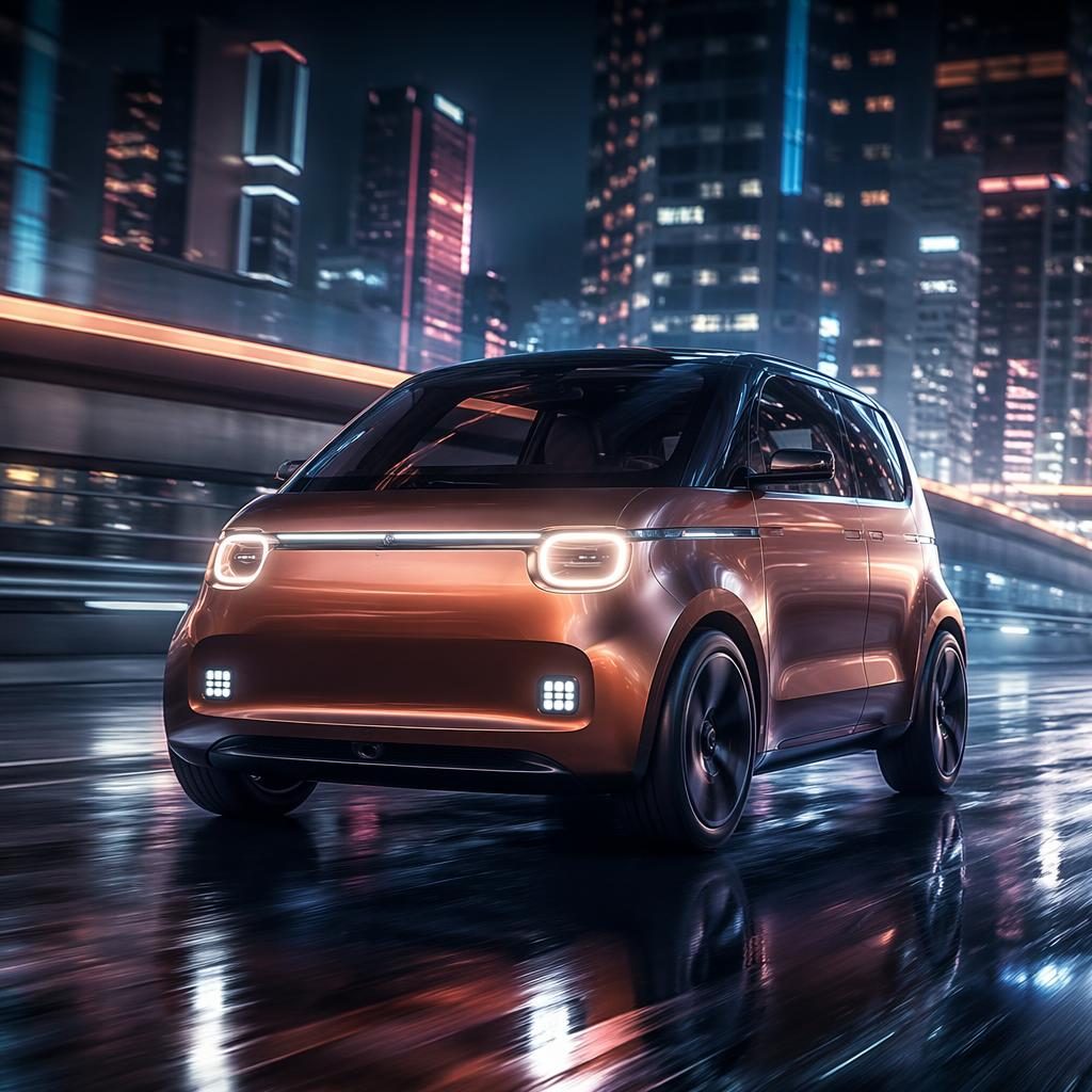 Render d’une voiture urbaine cubique futuriste électrique 2050, cuivre nacré, vue basse sur autoroute néon en mégapole.