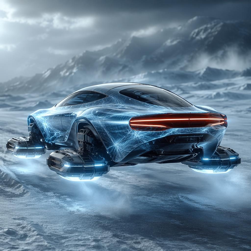 Three-quarter rear view of a levitating futuristic snow rover on frozen tundra with holographic bodywork and biomimicry styling.