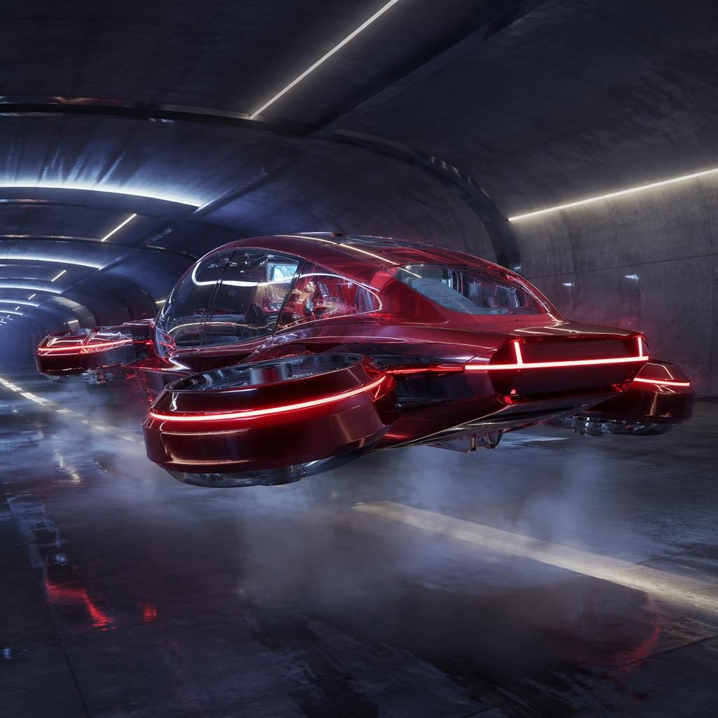 Deep red translucent flying SUV concept render, rear three-quarter view, hovering in a cinematic underground tunnel
