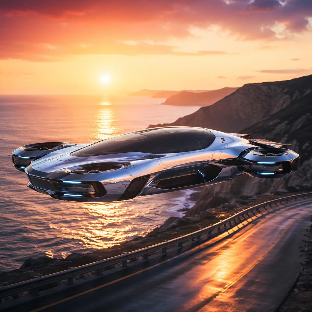 Side-profile render of a futuristic flying sports coupe with liquid chrome body over a coastal sunset, cyberpunk style