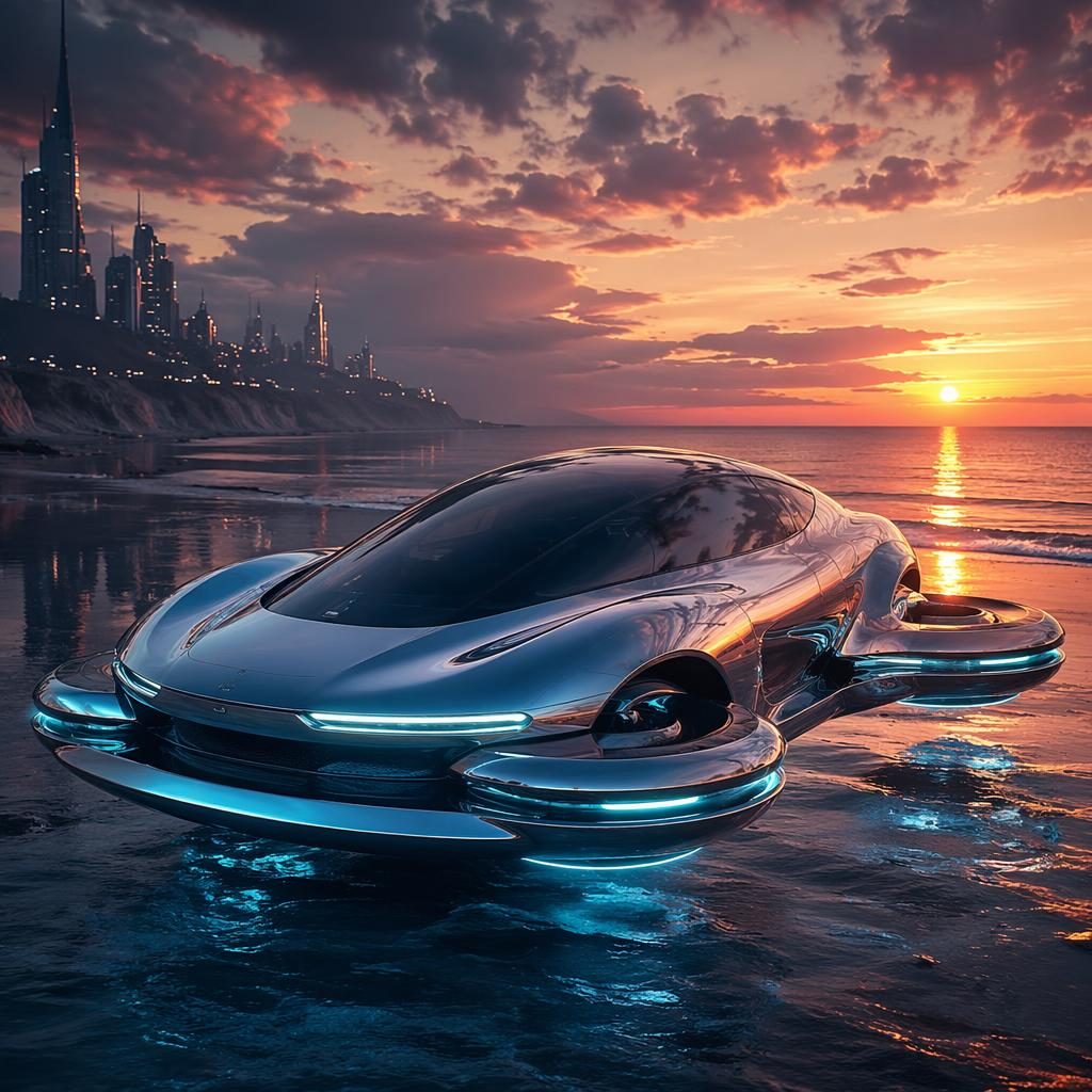 Hydrogen-powered amphibious hovercar concept with liquid chrome body, cyberpunk styling, front three-quarter view at coastal sunset