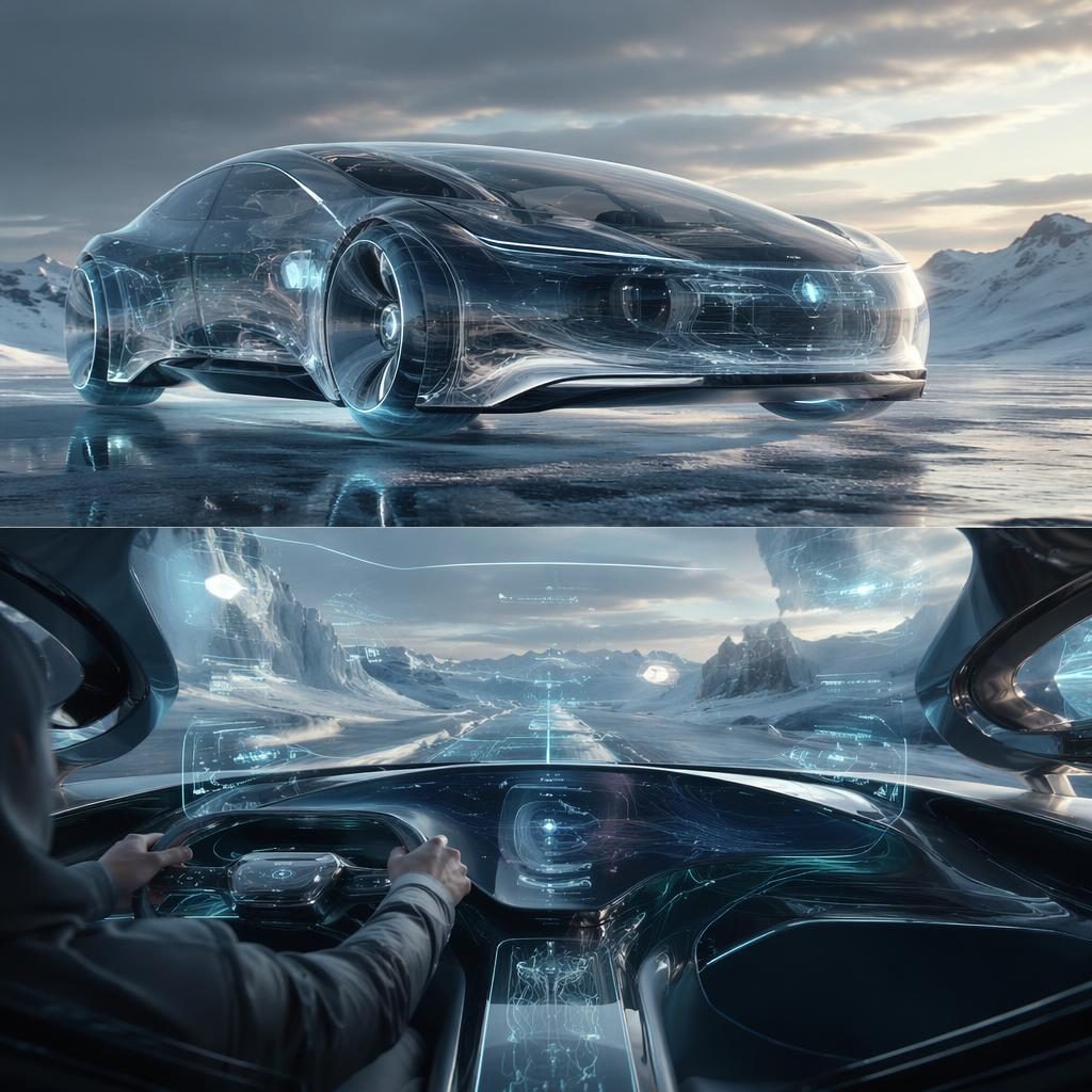 Innenraum-POV einer transparenten OLED-Limousine mit holografischer Karosserie auf gefrorener Tundra