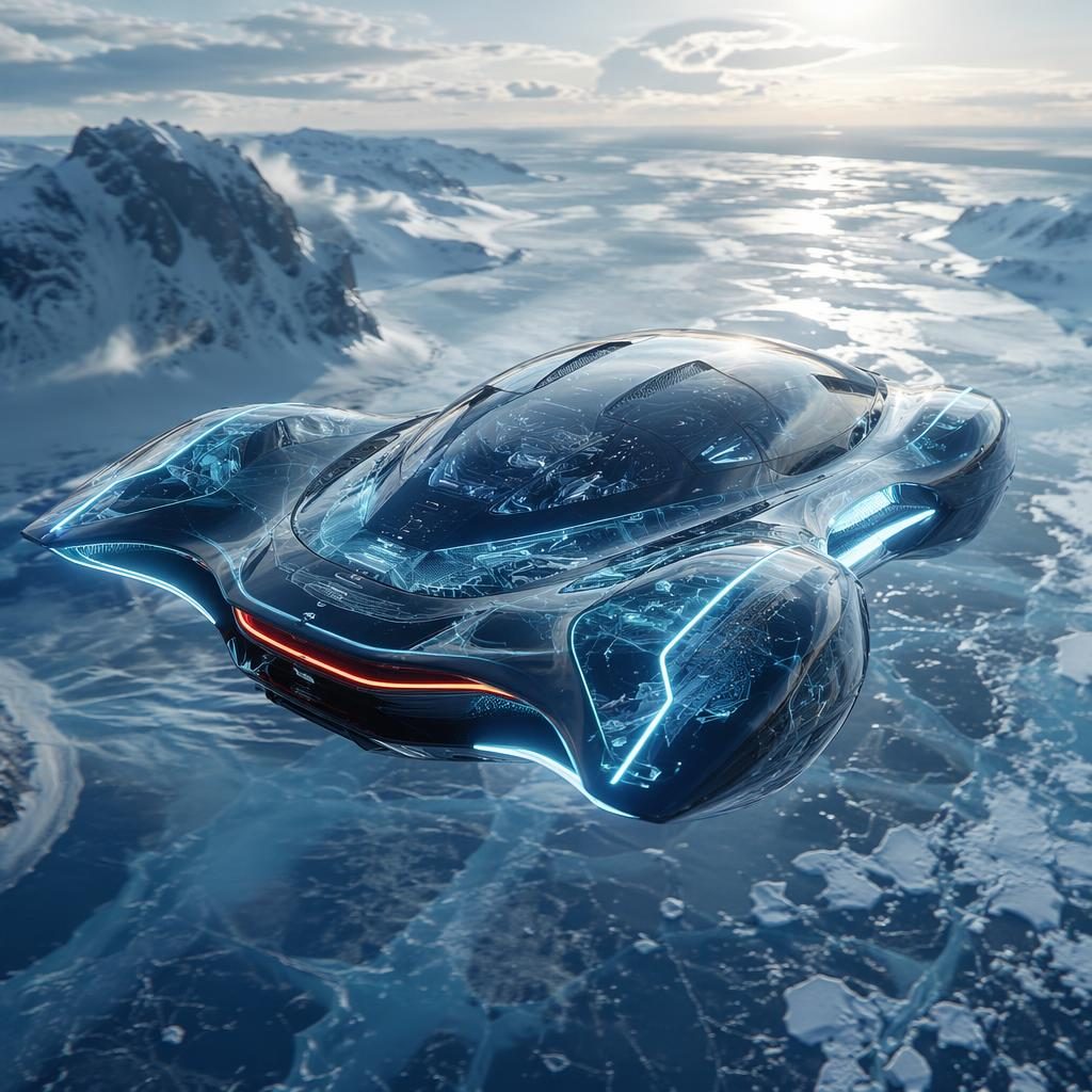 Render de un coche del futuro volador con diseño biomimético y carrocería holográfica sobre tundra helada