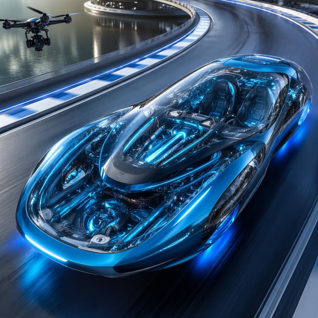 Aerial view of a futuristic 2080 hydrogen hover sport coupe with transparent panels and electric blue bodywork on a race track.