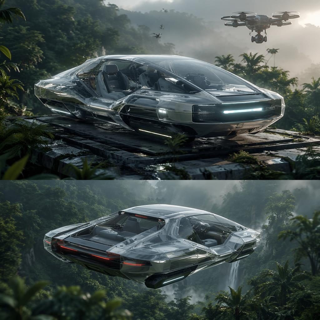 Futuristisches schwebendes Sportcoupé 2080 mit Kristallkarosserie über dem Dschungel, aus der Luft gezeigt