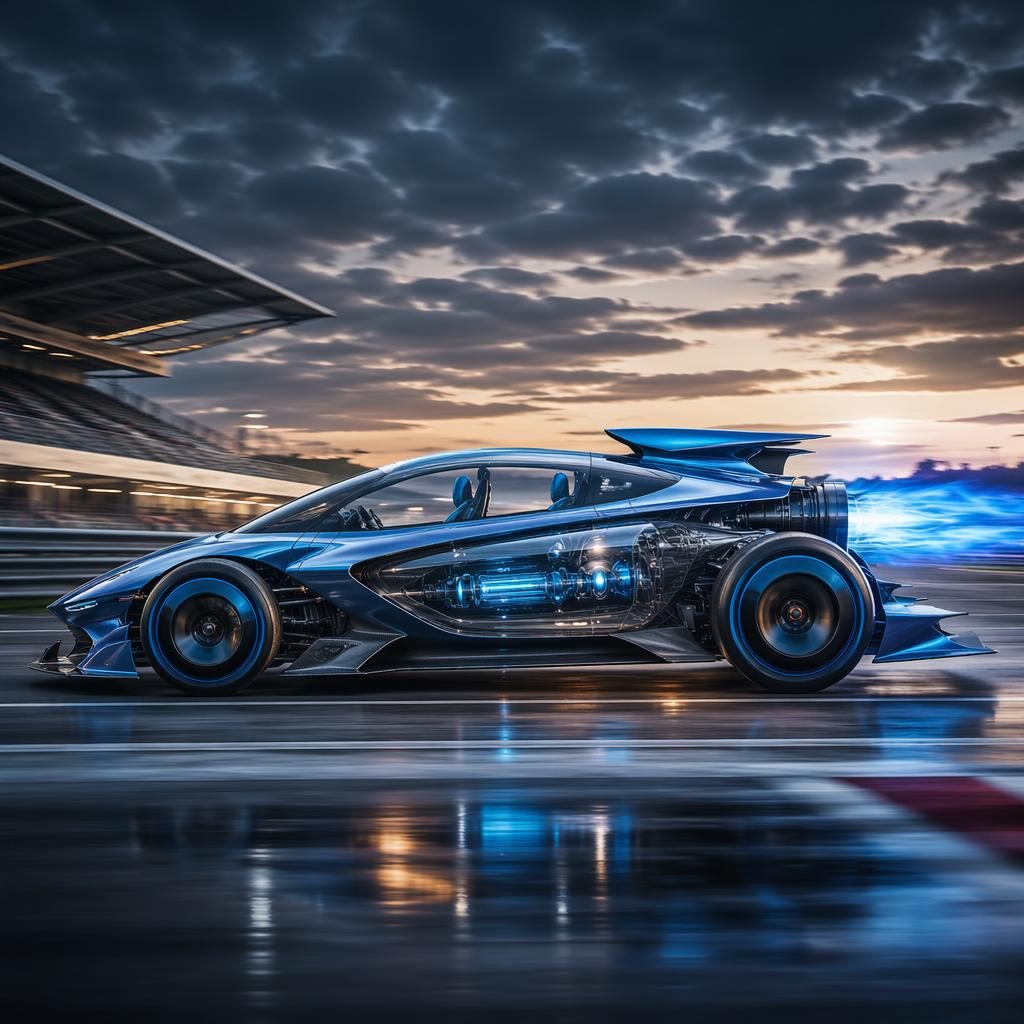 Boční pohled na futuristický autonomní rocket roadster 2035 v elektricky modré, s průhlednými panely na okruhu