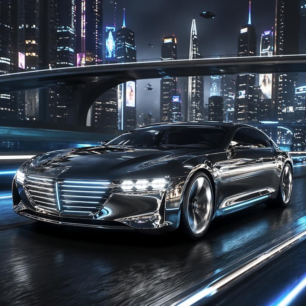 Futuristický elektrický sedan s karoserií v tekutém chromu na neonové dálnici, pohled zepředu ze tří čtvrtin.
