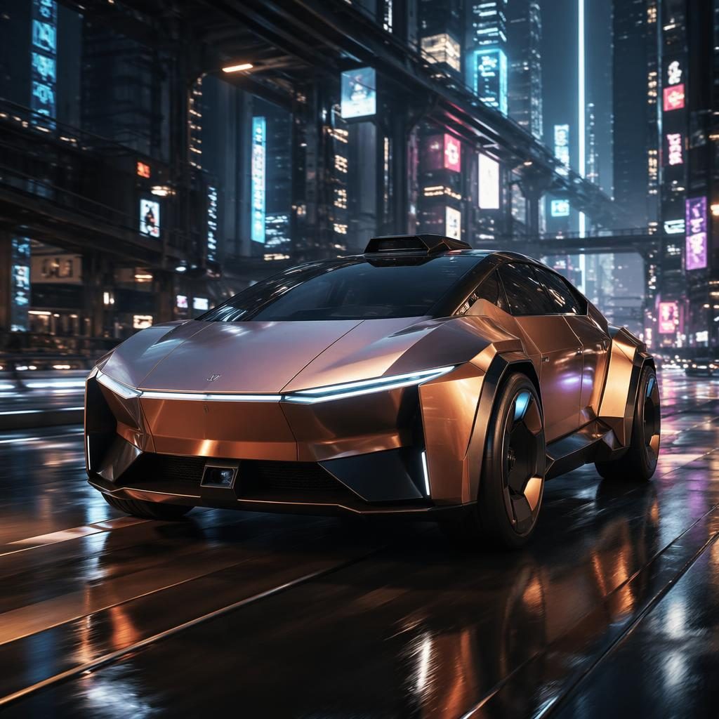 Měděné futuristicke auto 2050, obrněný sedan v cyberpunk městě, nízký záběr zepředu, neonová dálnice