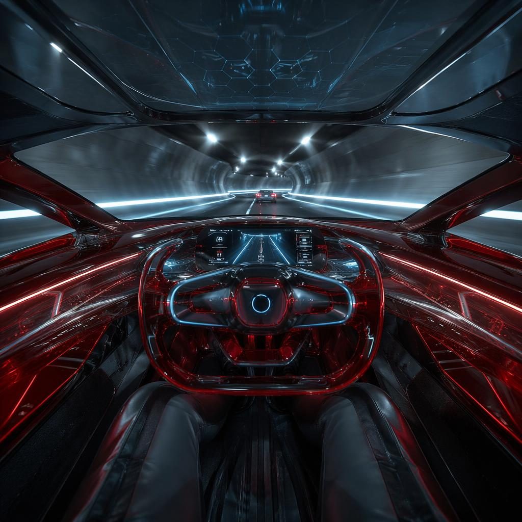 Interior POV of a deep red translucent futuristic grand tourer in an underground tunnel with cinematic lighting