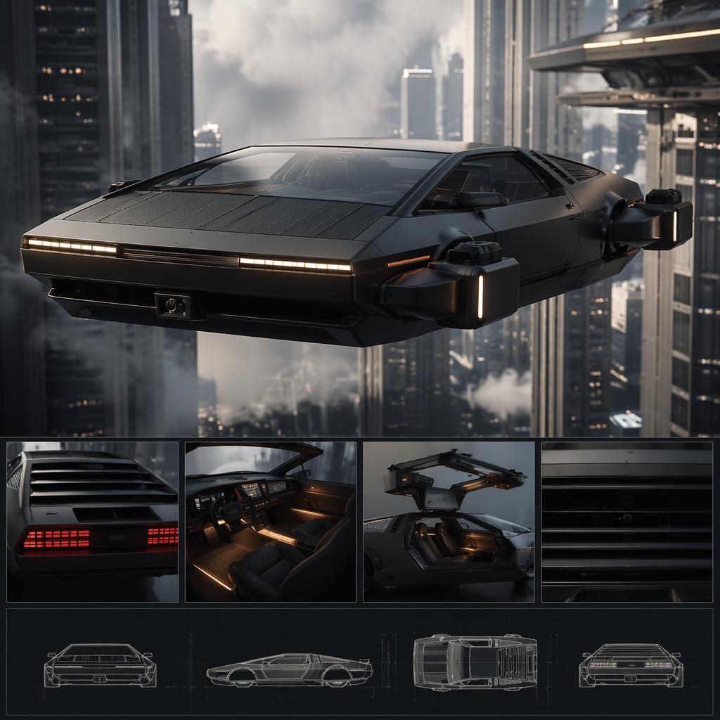 Render de coche volador futurista 2050 en negro mate, ángulo frontal bajo, ciudad elevada y luz cinematográfica