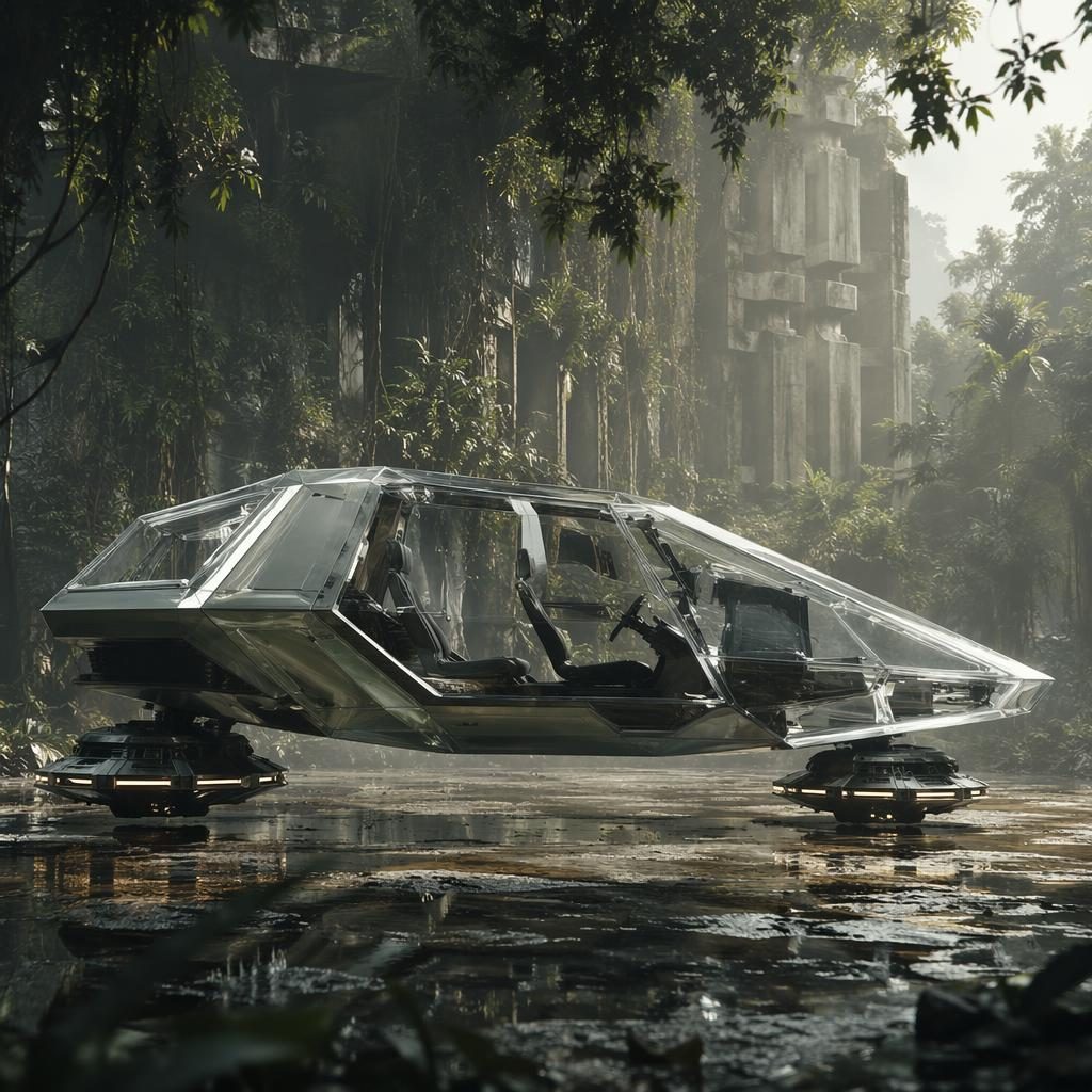 Side profile render of a 2035 futuristic reverse trike sedan with translucent crystal body and brutalist styling in jungle
