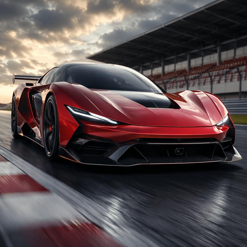 Dieprode elektrische sportcoupé met agressieve aerodynamica op een racecircuit, gezien vanuit lage voorhoek.