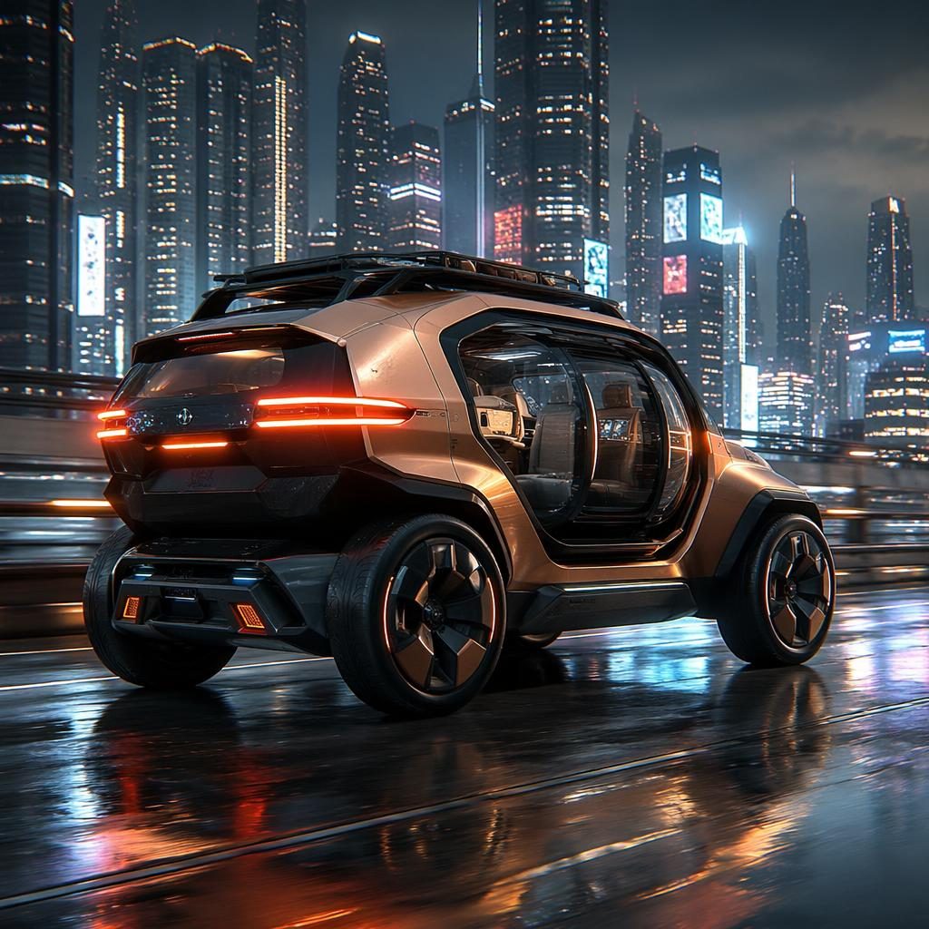 Render d’un SUV futuriste cuivre nacré à cabine rotative, vu trois-quarts arrière sur autoroute de mégalopole néon.