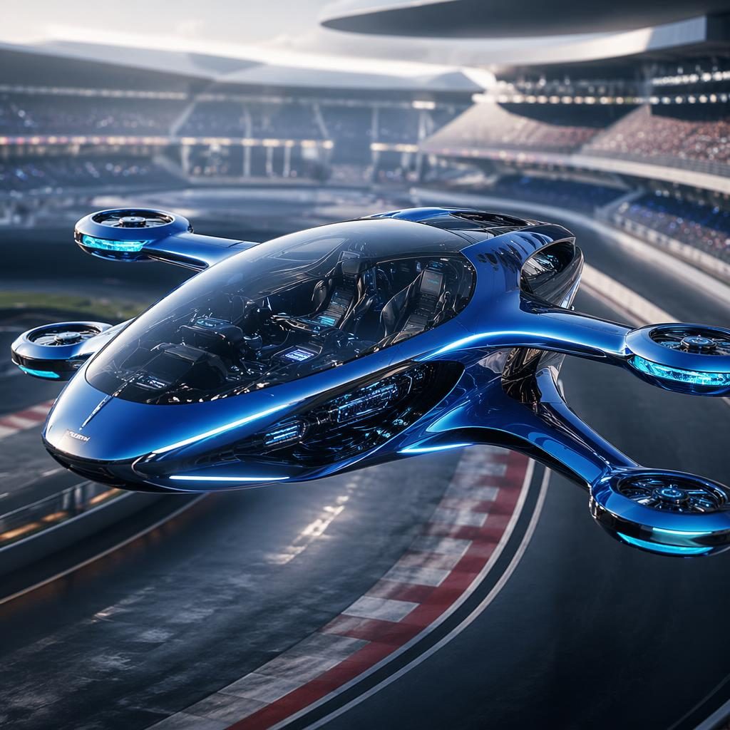 Aerial flying car concept with electric blue body, transparent panels, and cinematic lighting above a race track