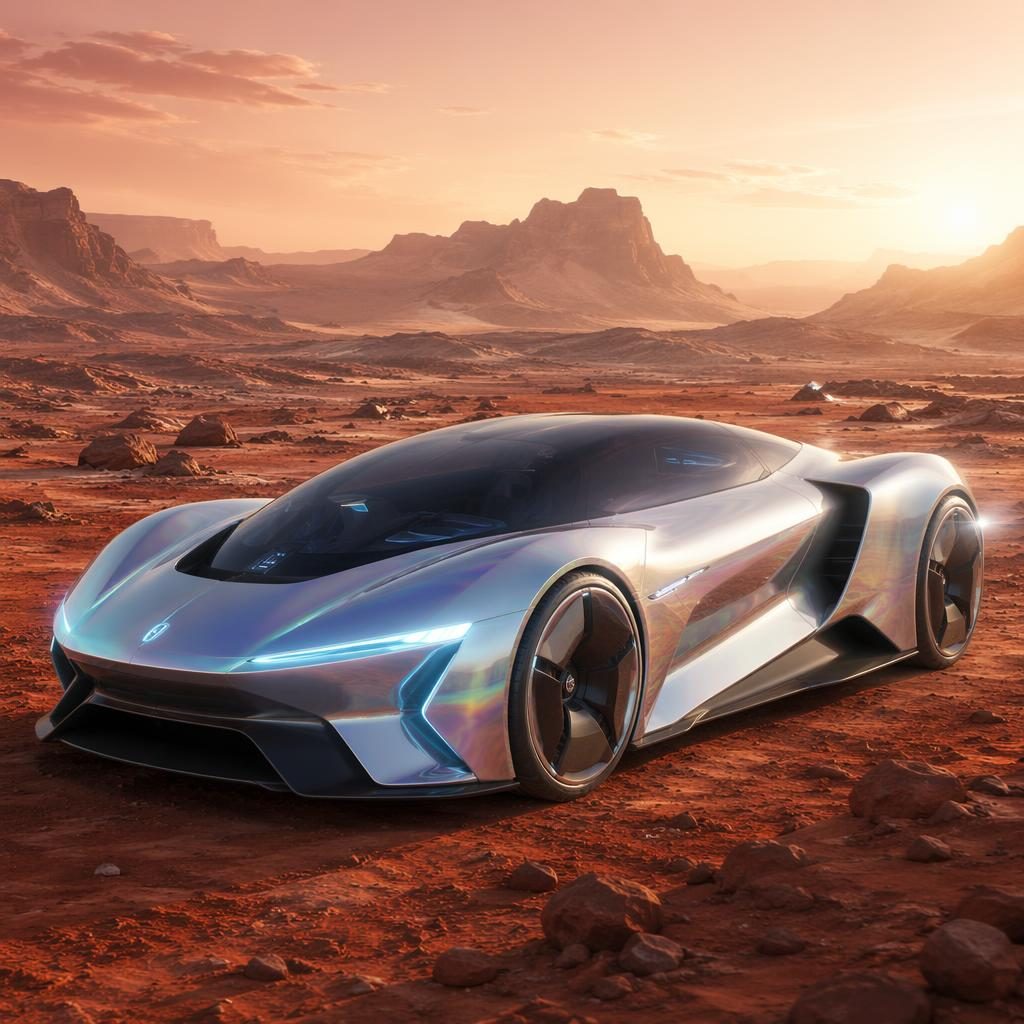 Render de coupé deportivo futurista de hidrógeno plateado iridiscente en vista frontal tres cuartos sobre paisaje árido