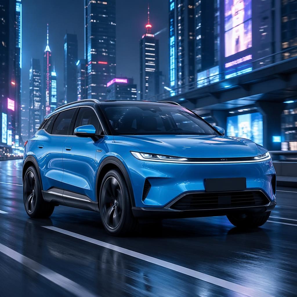 SUV électrique futuriste bleu vu de trois quarts avant sur une autoroute de mégapole néon, rendu photoréaliste