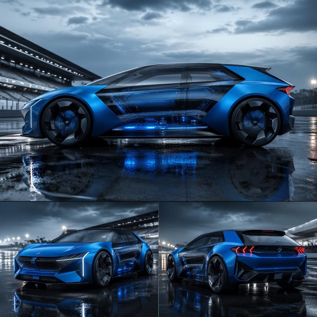Rendu d’une berline futuriste 2035 bleu électrique, profil latéral, panneaux transparents, sur circuit.