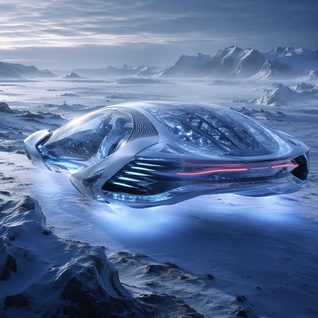Concept render of a levitating futuristic SUV with holographic bodywork on a frozen tundra, rear three-quarter view