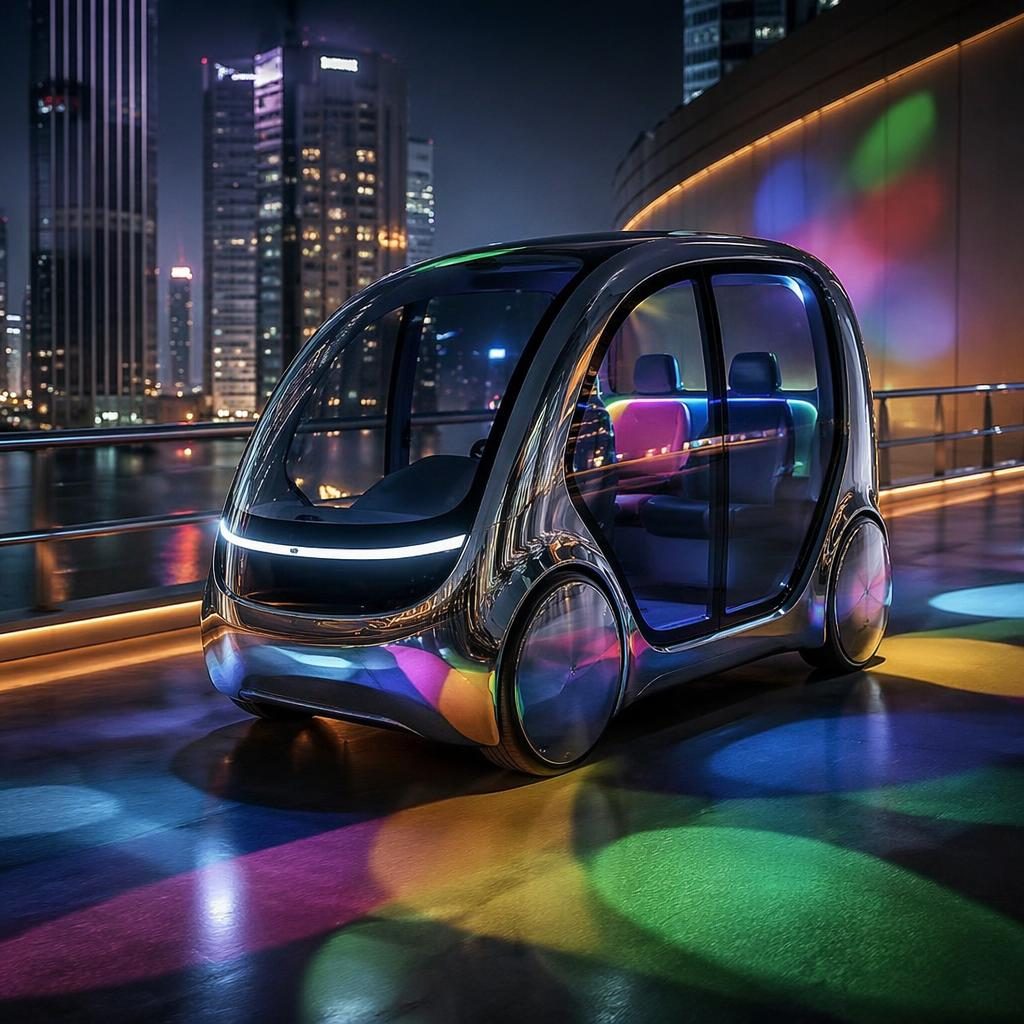 Futurystyczny autonomiczny pod elektryczny 2050 na miejskim skywalku, z chromowaną karoserią i kolorowymi światłami