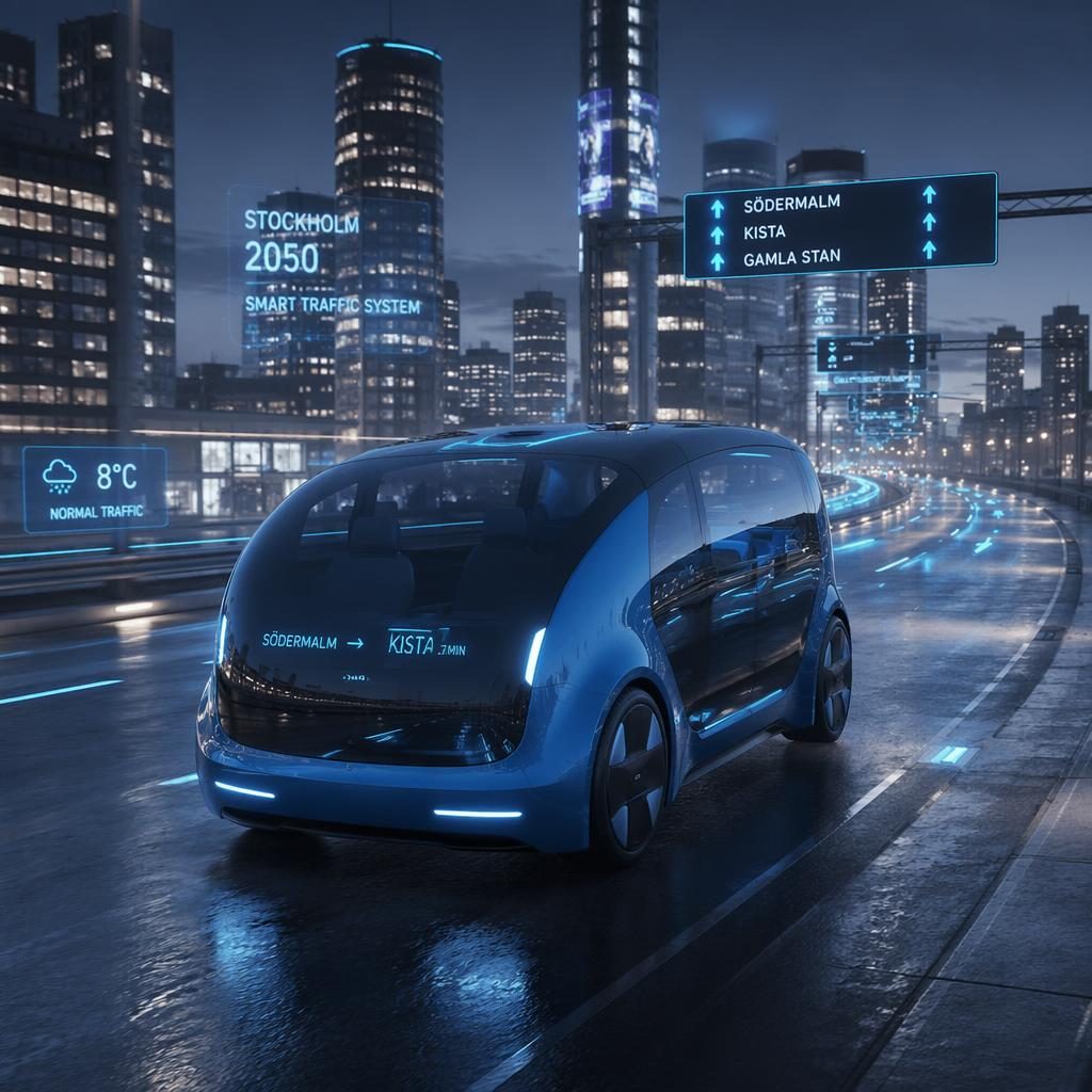 Fotorealistisk render av en eldriven autonom pod i elektriskt blått på motorväg i futuristiskt Stockholm nattetid.
