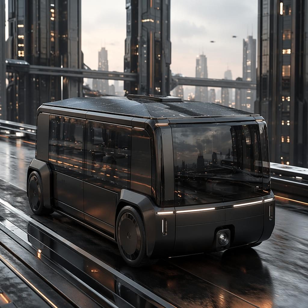Matte black 2050 modular city cube race car concept with solar skin, shown low-angle on a vertical city skywalk