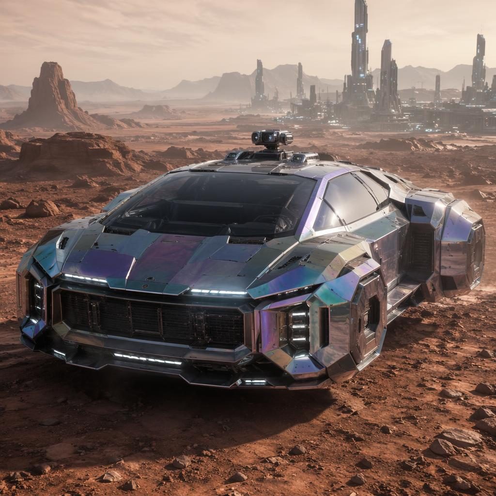 Futuristische Cyberpunk-Limousine in irisierendem Silber über karger marsähnlicher Landschaft aus der Vogelperspektive