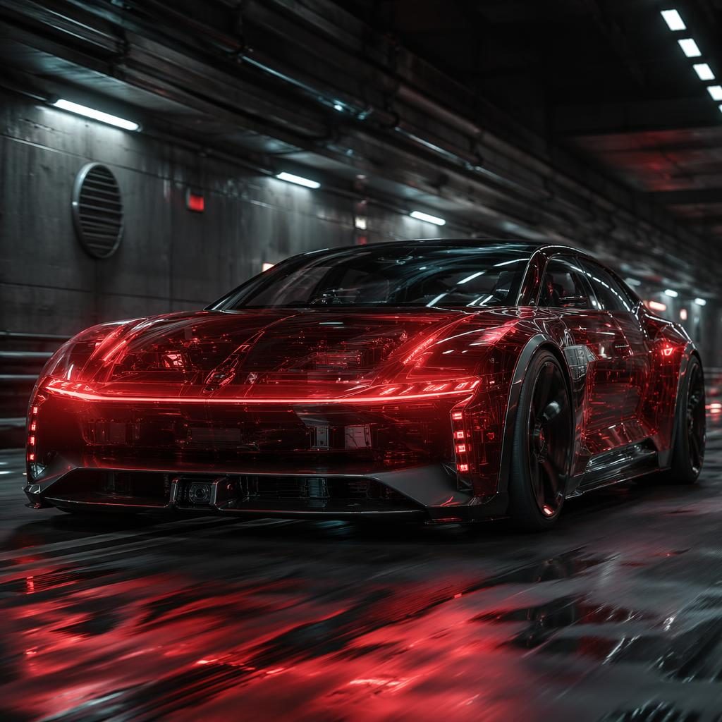 Low-angle render of a deep red futuristic armored sedan in a tunnel, with translucent body details and cinematic lighting.