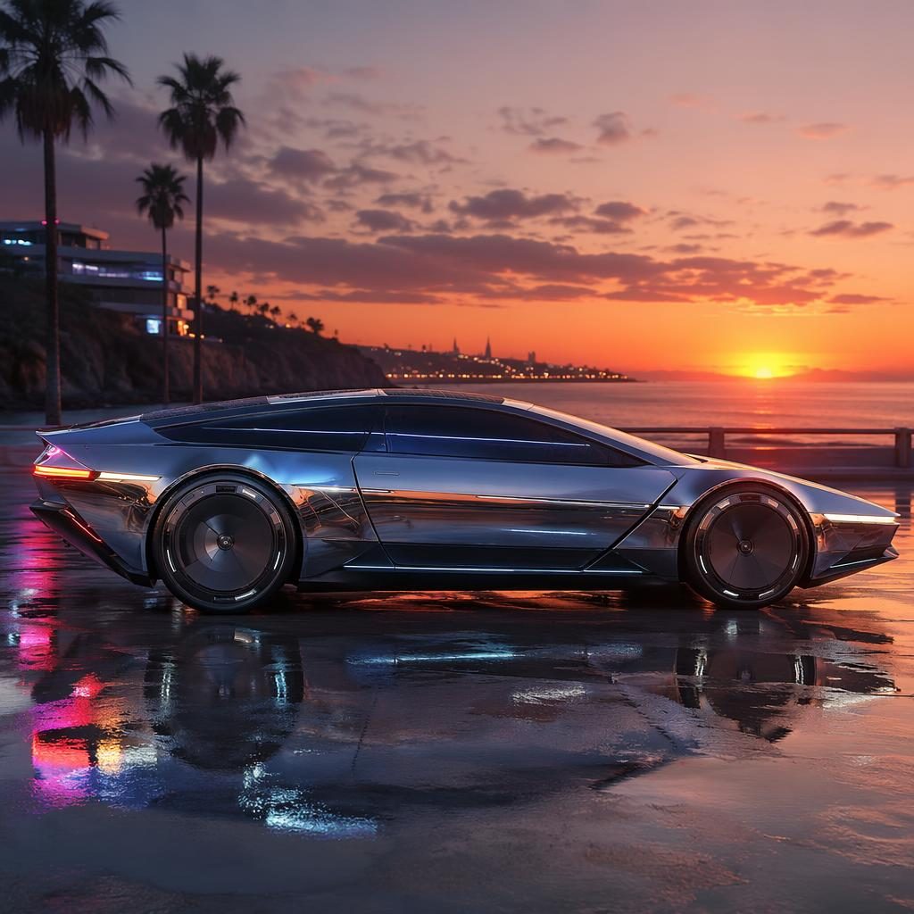 Render lateral de un coupe deportivo futurista 2035 de hidrógeno, acabado cromado líquido, costa al atardecer.