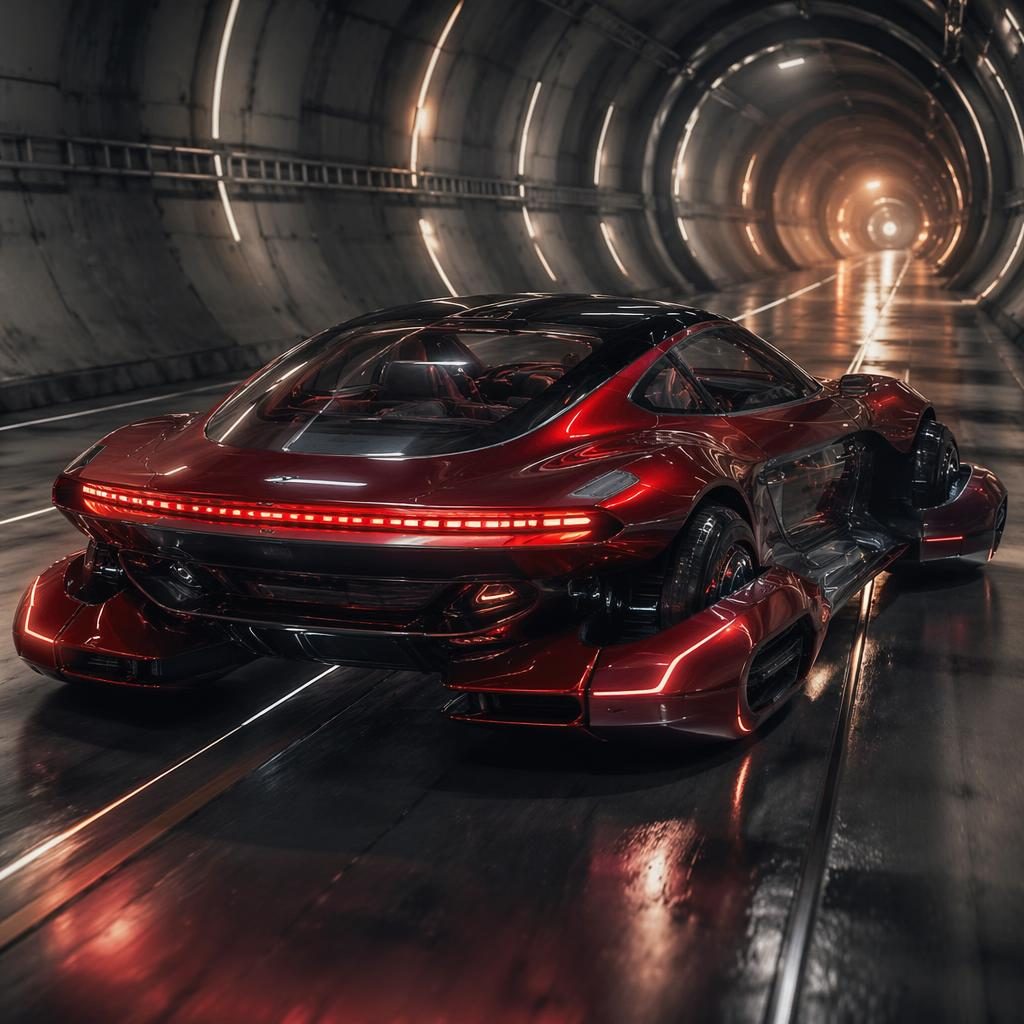 Rendu d’un coupé sport volant futuriste rouge translucide, vue arrière trois quarts, dans un tunnel souterrain.