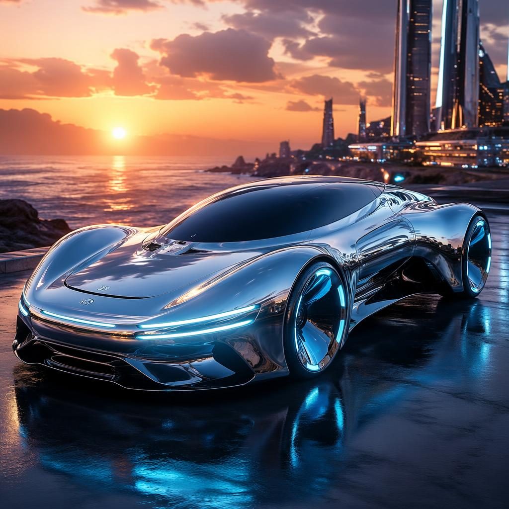 Liquid chrome hydrogen-powered science fiction car, front three-quarter view, cyberpunk coupe at coastal sunset
