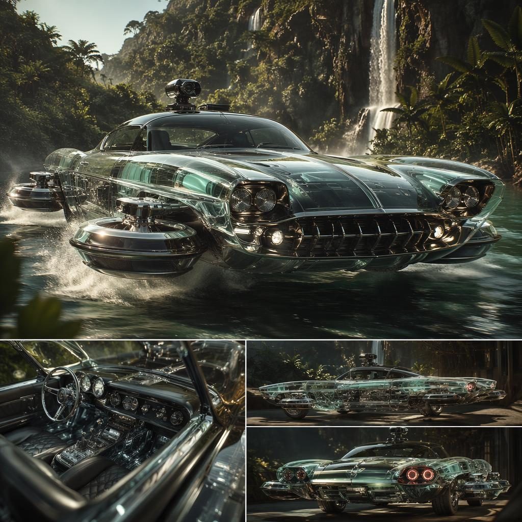 Aerial view of a brutalist amphibious hovercar with translucent crystal body in a jungle, lit cinematically.
