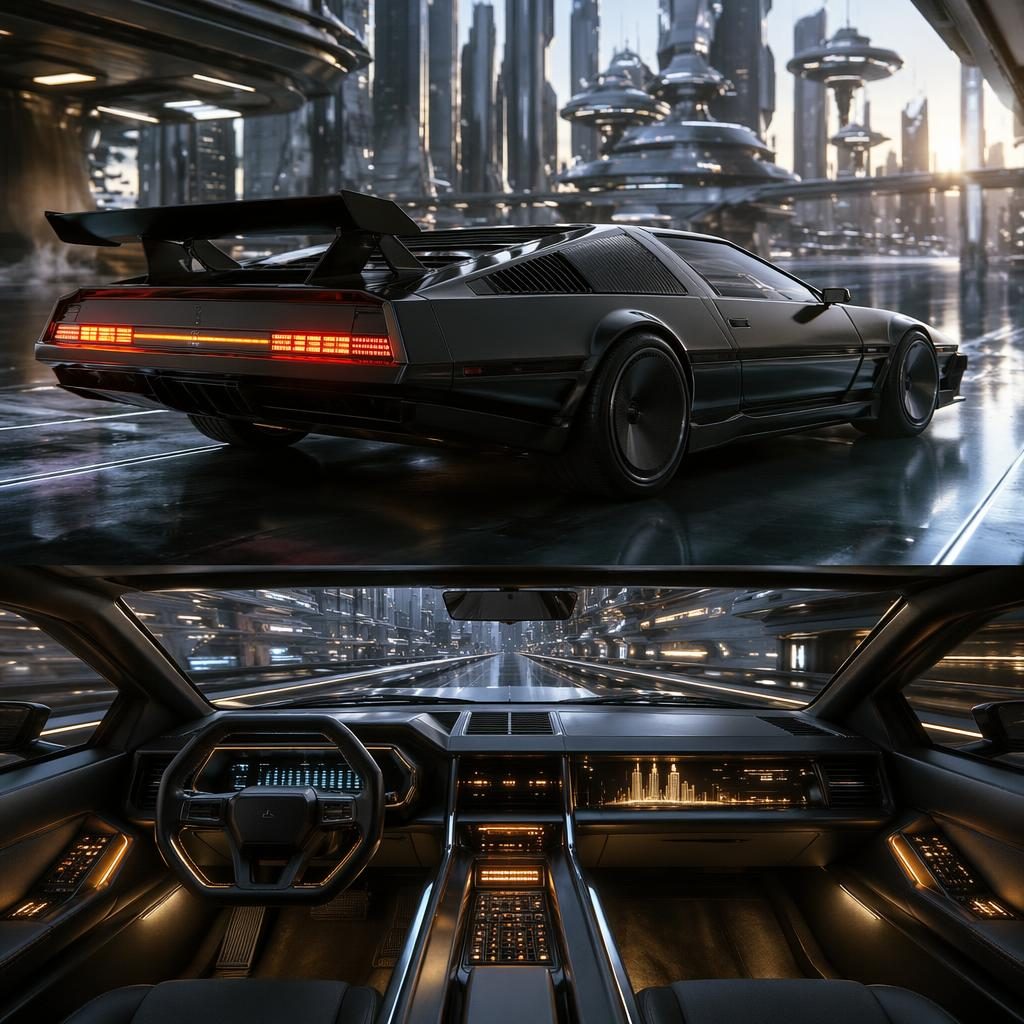 Vista interior de un superdeportivo 2100 negro mate con diseño retrofuturista en una pasarela urbana vertical