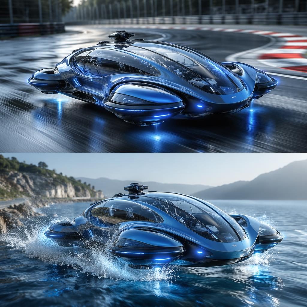 Futuristický obojživelný hovercar 2080 v elektricky modré barvě nad závodní tratí, letecký pohled, průhledné panely.