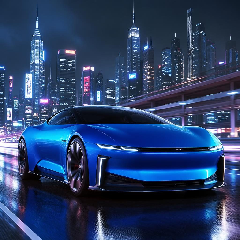 Coupé deportivo eléctrico futurista azul, vista frontal tres cuartos, en autopista de megaciudad neón.